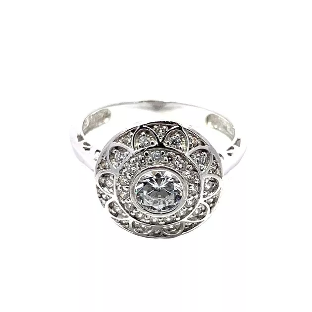 14K White Gold Zircon Halo Flower Ring