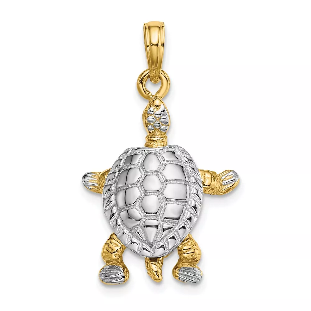 14K and White Rhodium 3-D Land Turtle with Moveable Head and Legs Charm
