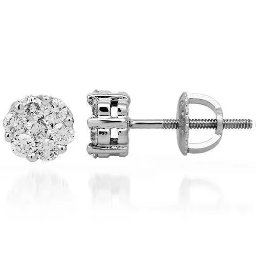 14K White Solid Gold Cluster Diamond Stud Earrings 1.03 Ctw