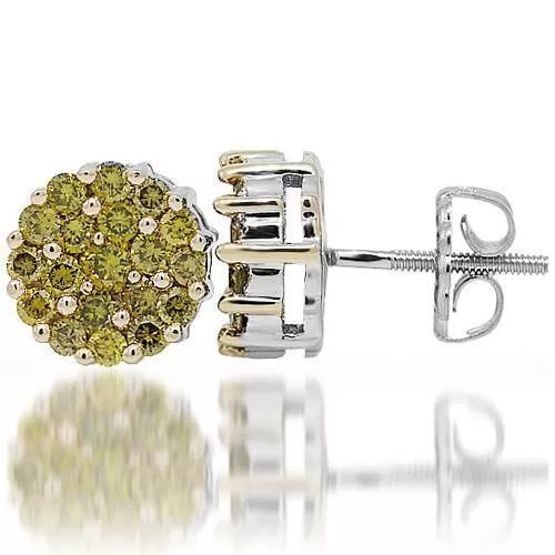 14K White Solid Gold Cluster Yellow Lab Diamond Stud Earrings 1.89 Cwt.