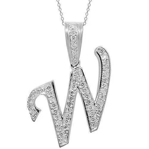 14K White Solid Gold Diamond Initial Letter Pendant 1.03 Ctw