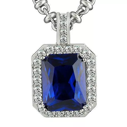 14K White Solid Gold Mens Diamond Blue Sapphire Pendant 25.09 Ctw