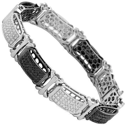 14K White Solid Gold Mens Diamond Bracelet with Black Diamonds 14.00 Ctw