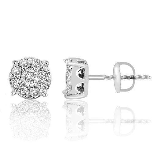 14K White Solid Gold Round Cut Diamond Cluster Earrings 1.25 Cwt.