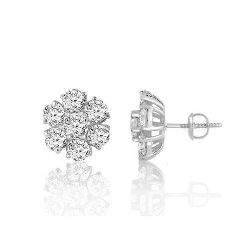14K White Solid Gold Round Cut Prong Diamond Cluster Earrings 0.81 Ctw