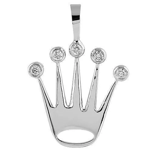 14K White Solid Gold Unisex Crown Pendant With Round Cut Diamonds 0.39 Ctw