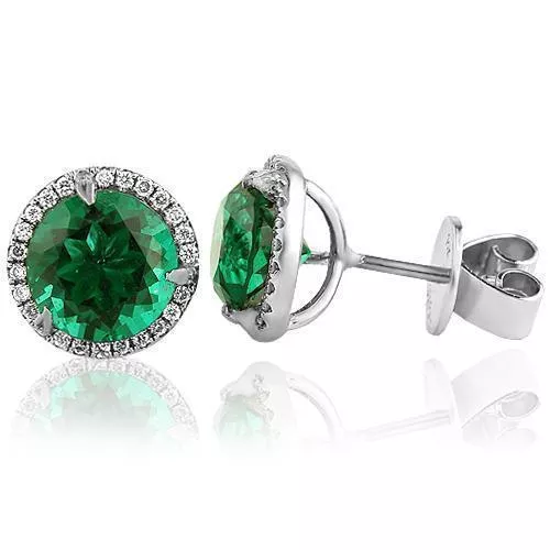 14K White Solid Gold Womens Diamond Stud Earrings With Emerald Center Stone 0.45 Ctw