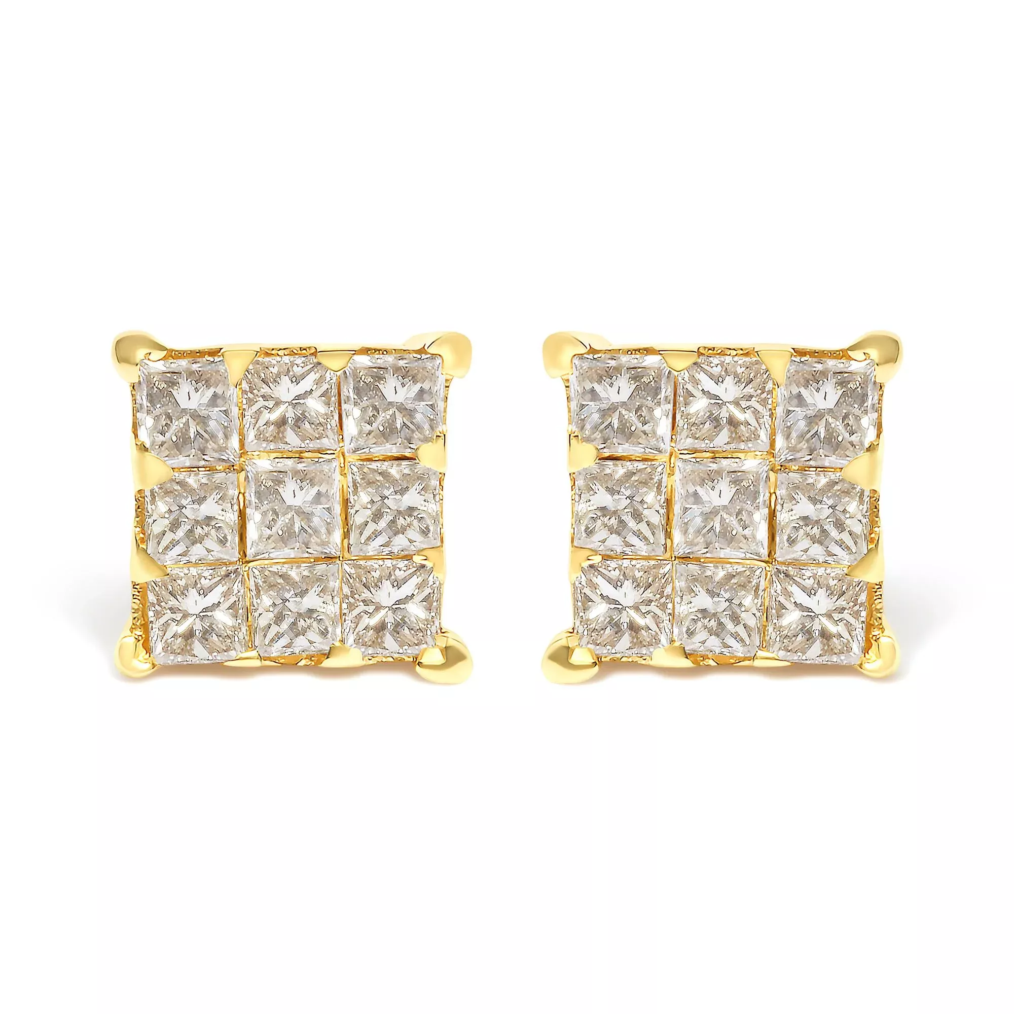 14K Yellow Gold 3/4 Cttw Invisible Set Princess-Cut Diamond 9 Stone Square Stud Earrings (J-K Color, SI2-I1 Clarity)