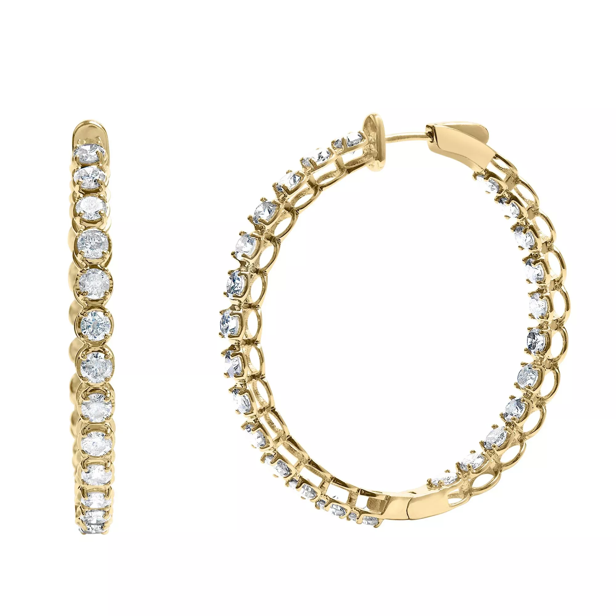 14K Yellow Gold 7.0 Cttw Round Brilliant Cut Diamond 1-¾ Inside Out Hinged Leverback Hoop Earrings (I-J Color, I1-I2 Clarity)