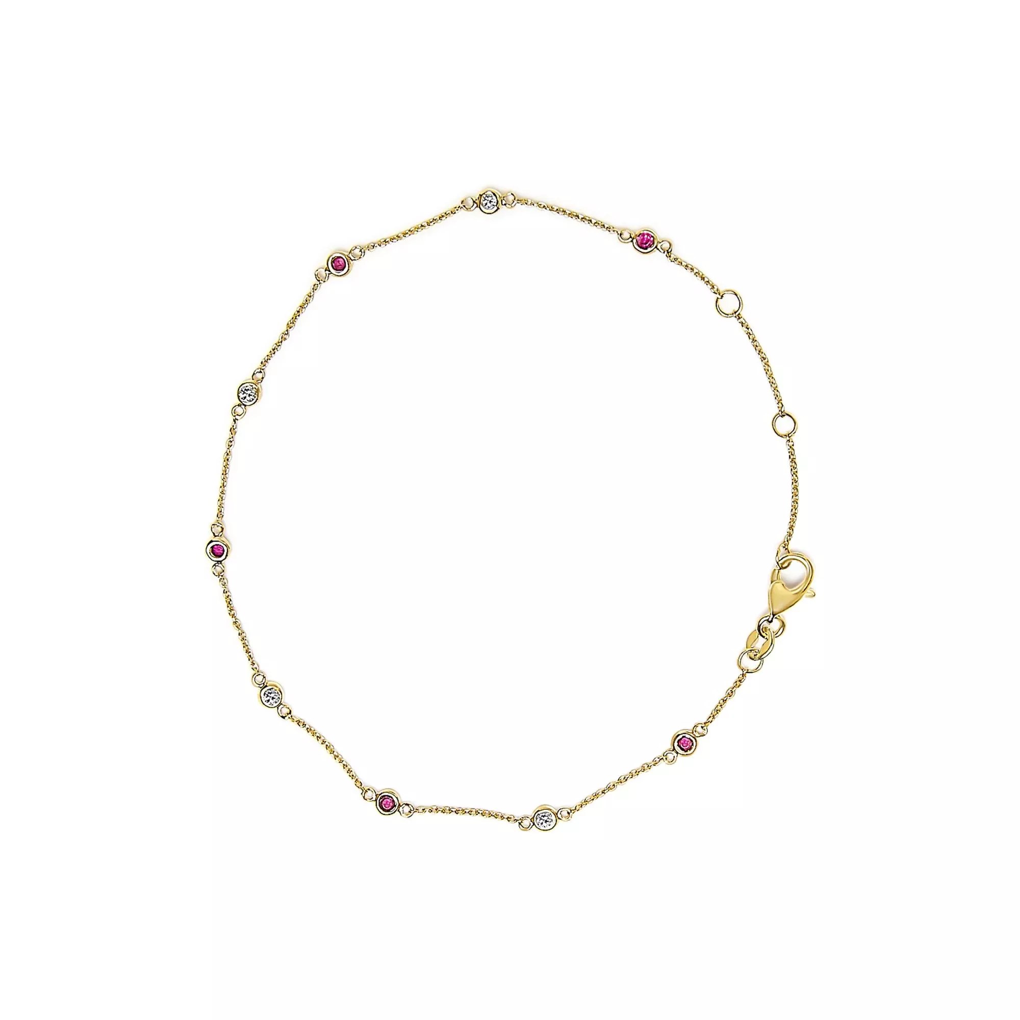 14K Yellow Gold Alternating Red Ruby and White Diamond Bezel Station Chain Bracelet (I-J Color, SI2-I1 Clarity) - 8" Inches