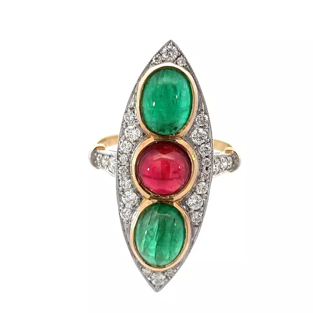 14K Yellow Gold Burmese No-Heat Red Spinel, Emerald & Diamond Ring