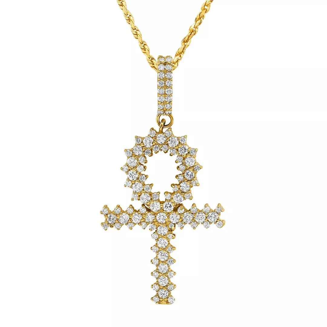 14k Yellow Gold Diamond Ankh Cross Pendant 2.55 Cwt.