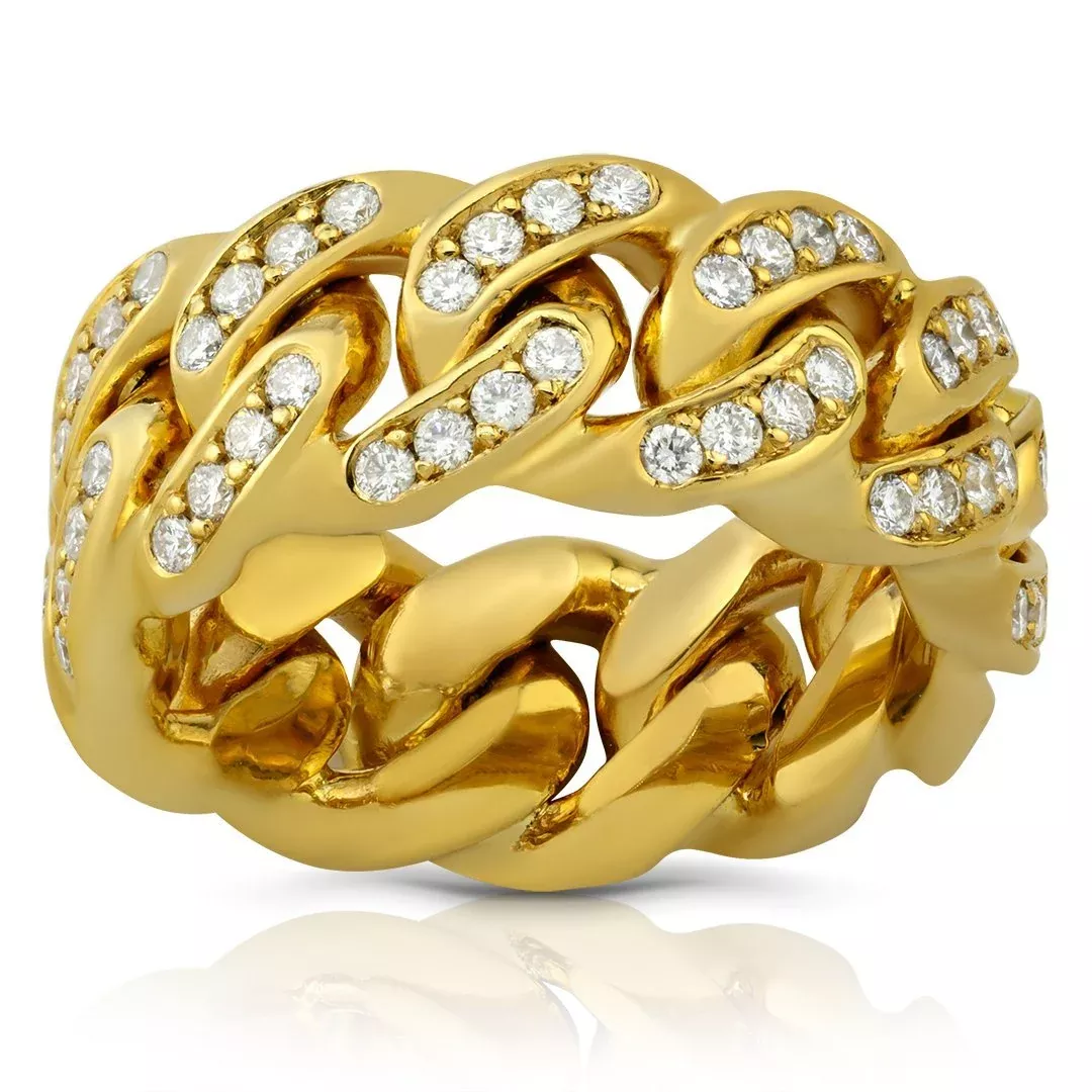 14k Yellow Gold Diamond Cuban Link Ring 1.75 Ctw