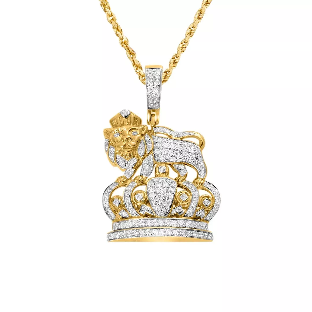 14k Yellow Gold Diamond Lion Crown Pendant 1.09 Ctw