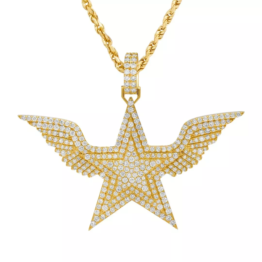 14k Yellow Gold Diamond Wing Star Pendant 3.84 Ctw