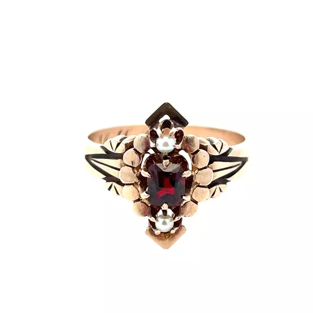 14K Yellow Gold Garnet & Seed Pearl Vintage Ring