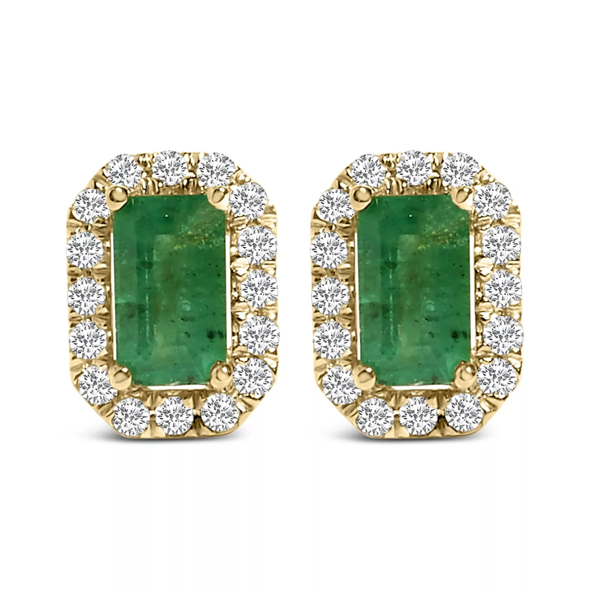 14K Yellow Gold Green Emerald and 1/8 Cttw Diamond Halo Octagonal Shaped Stud Earrings(I-J Color, I1-I2 Clarity)