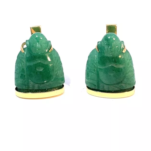 14k Yellow Gold Green Jade Buddha Cabochon Cufflinks