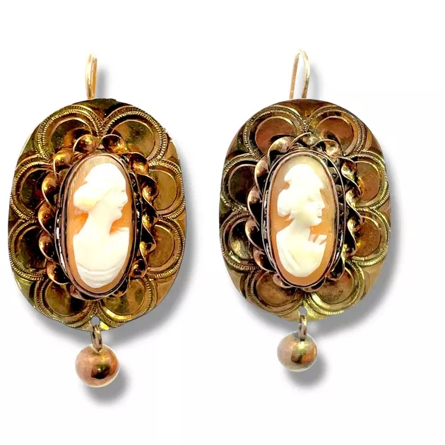 14k Yellow Gold Ladies Cameo Antique Earrings