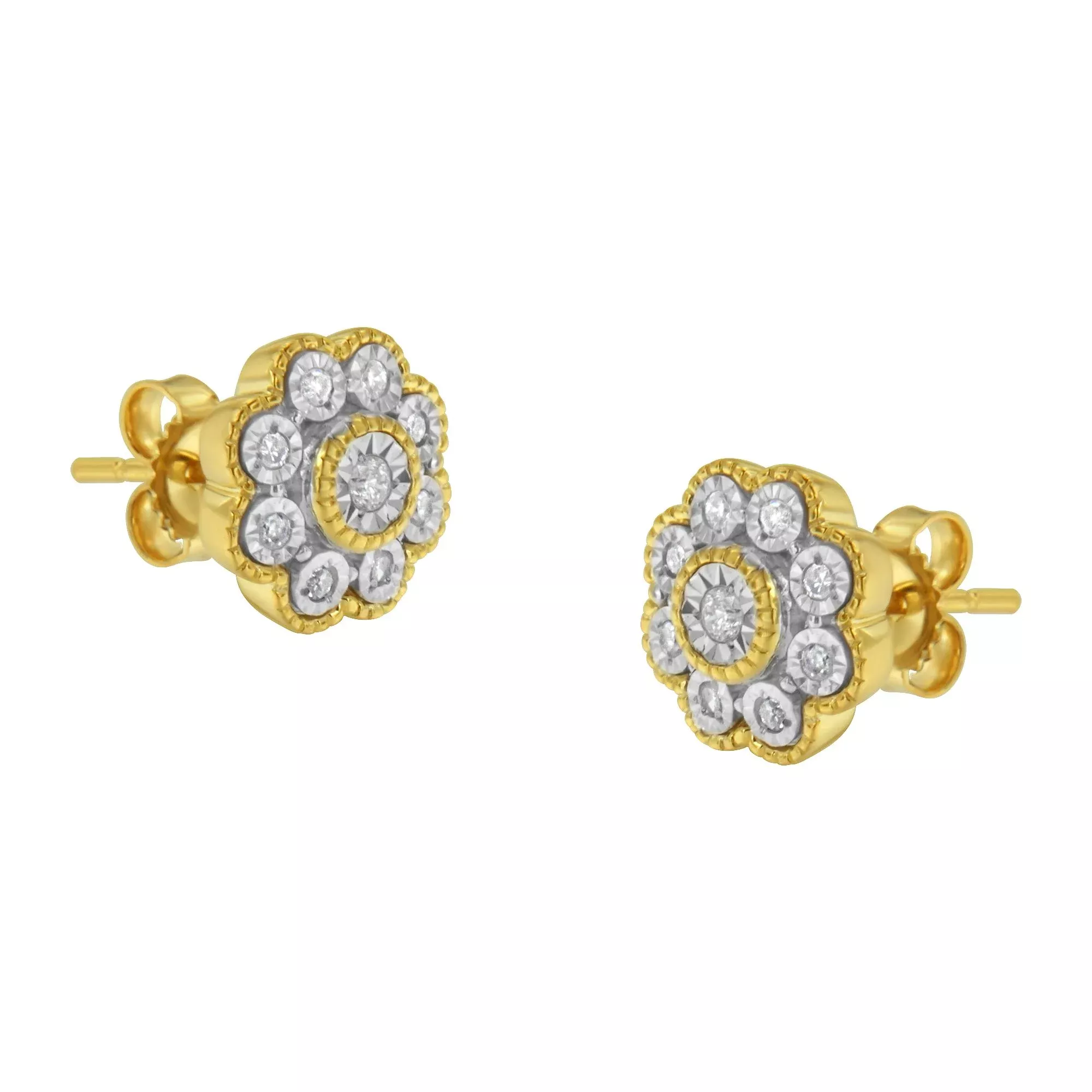 14K Yellow Gold Plated .925 Sterling Silver 1/6 Cttw Miracle-Plate Set Diamond Floral Stud Earrings (I-J Color, I2-I3 Clarity)