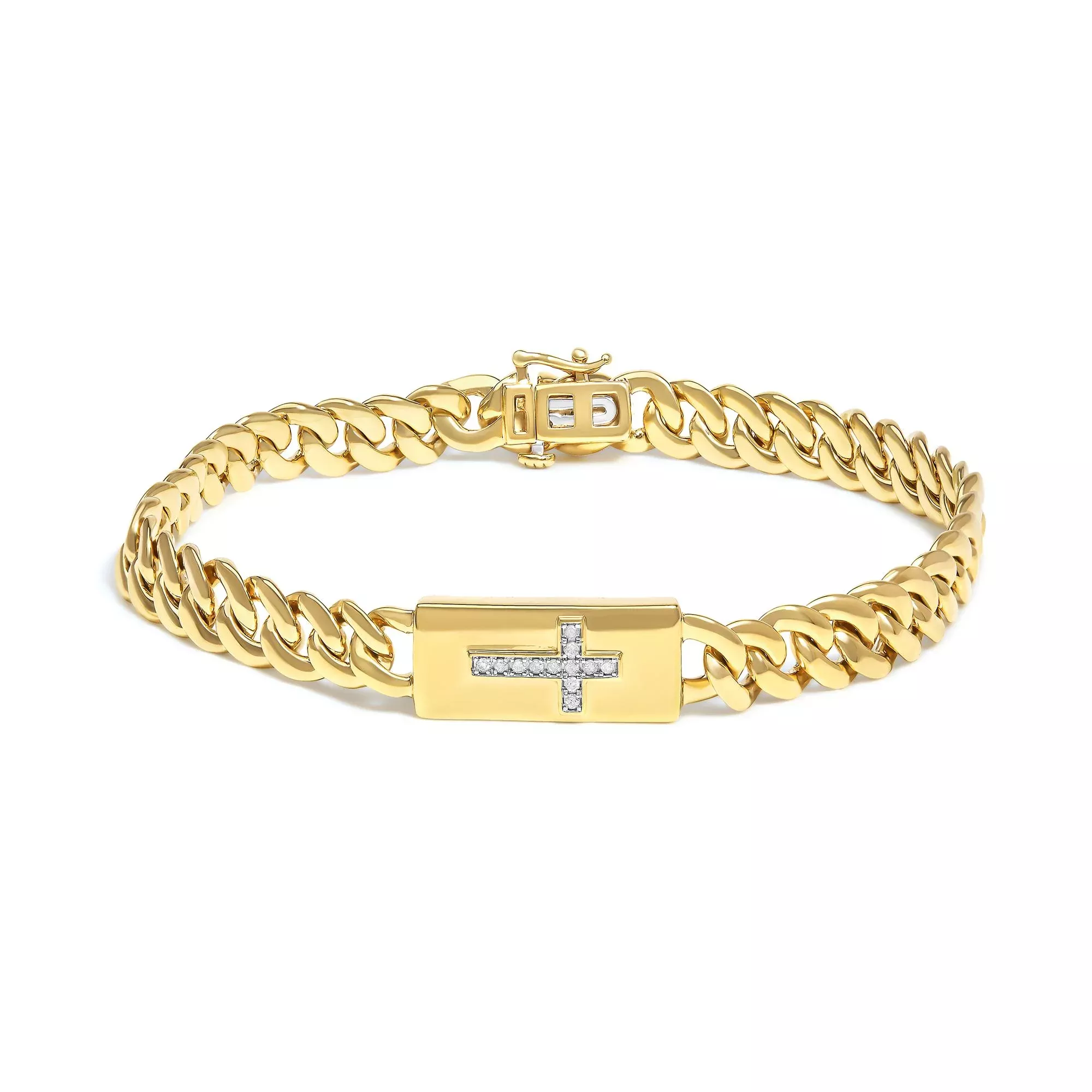 14K Yellow Gold Plated .925 Sterling Silver Diamond Accent Inlaid Cross Cuban Link Bracelet (I-J Color, I3 Clarity)-7.25"