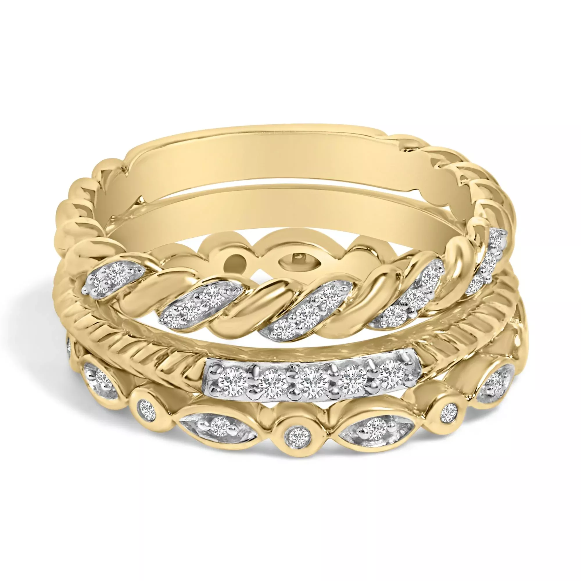 14K Yellow Gold Plated Sterling Silver 1/4 Cttw Diamond Twist Leaf Stackable Ring Set