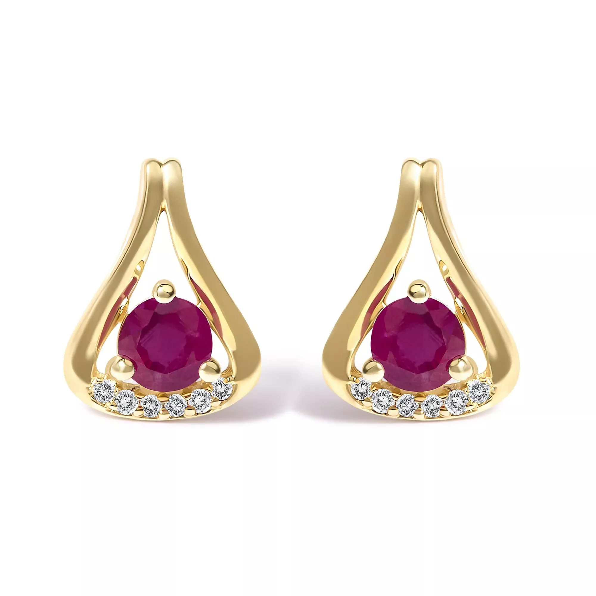 14K Yellow Gold Red Ruby and Diamond Accent Teardrop Stud Earrings