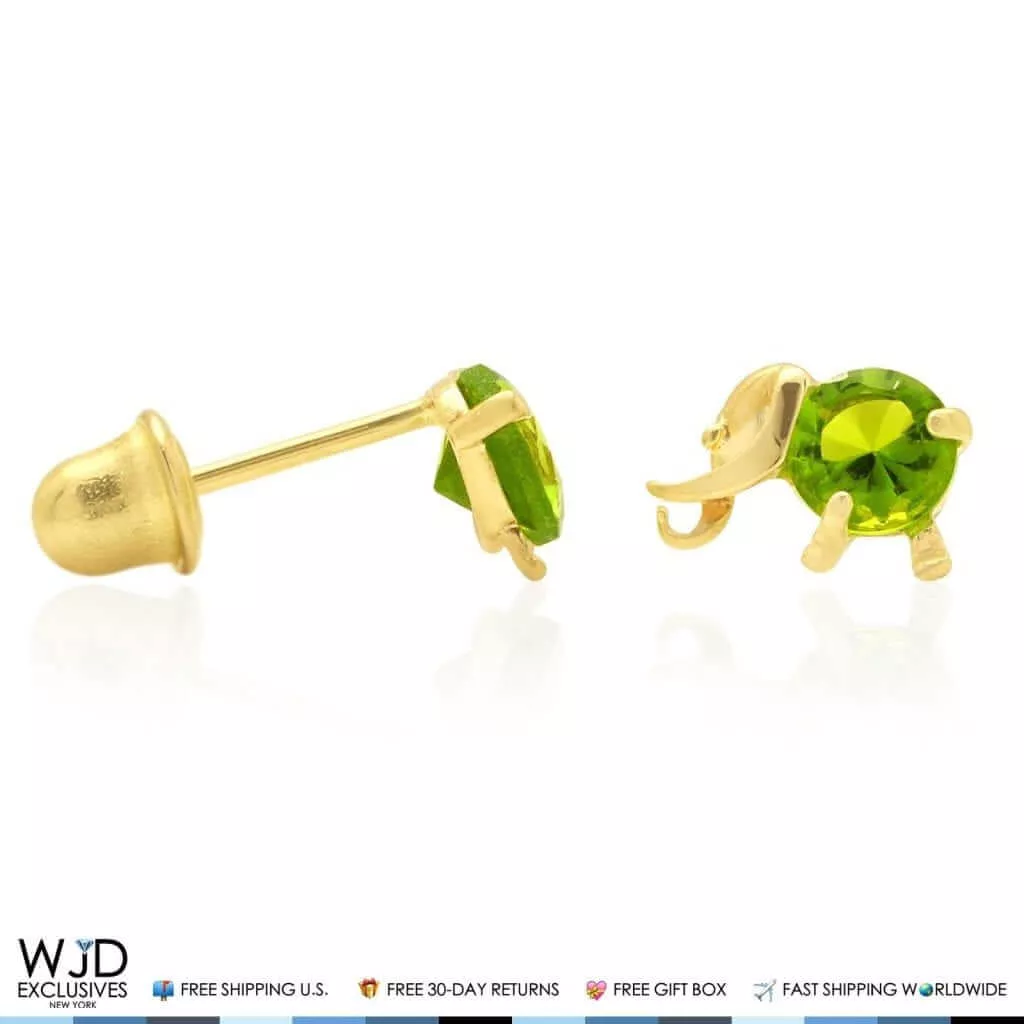 14K Yellow Gold Round-Cut Peridot Elephant Baby Screw Back Stud Earrings