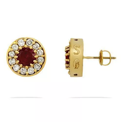14k Yellow Gold Round Ruby Halo Earrings 2.50 Ctw