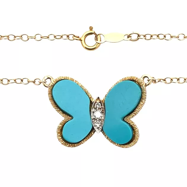 14K Yellow Gold Turquoise & DiamondButterfly Necklace