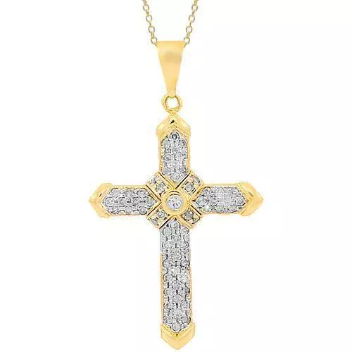 14K Yellow Solid Gold Diamond Cross Pendant 2.25 Ctw
