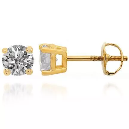 14K Yellow Solid Gold Diamond Solitaire Stud Earrings 0.60 Ctw