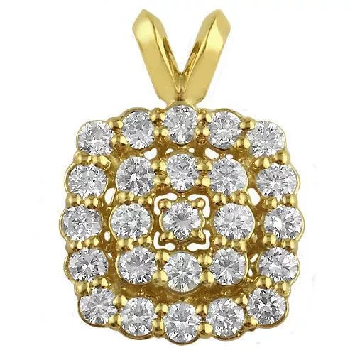 14K Yellow Solid Gold Diamond Square Halo Pendant 1.25 Ctw