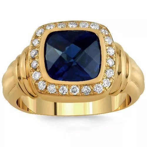 14K Yellow Solid Gold Mens Diamond Sapphire Ring 3.50 Ctw