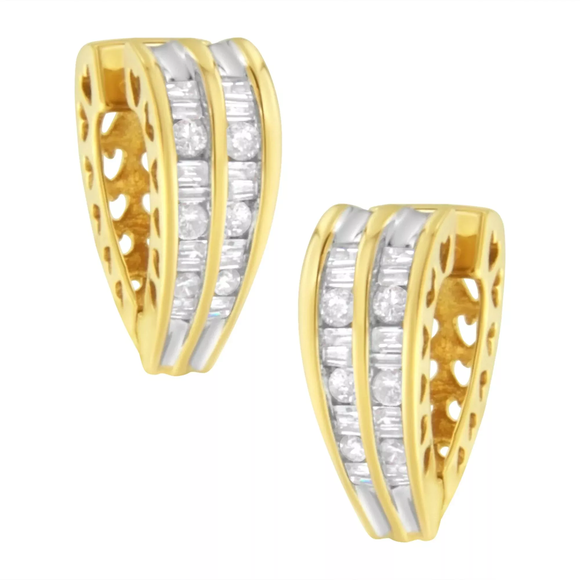 14K Yellow and White Gold 1.0 Cttw Channel Set Round and Baguette Diamond Multi Row Huggy Hoop Earrings (I-J Color, I2-I3 Clarity)