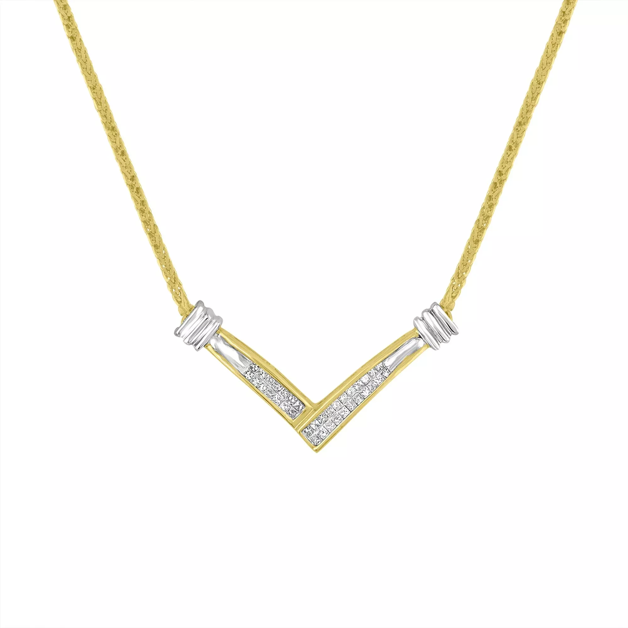 14K Yellow and White Gold 1/4 Cttw Princess Cut Diamond Channel-Set “V” Shape 18" Pendant Necklace (H-I Color, SI2-I1 Clarity)