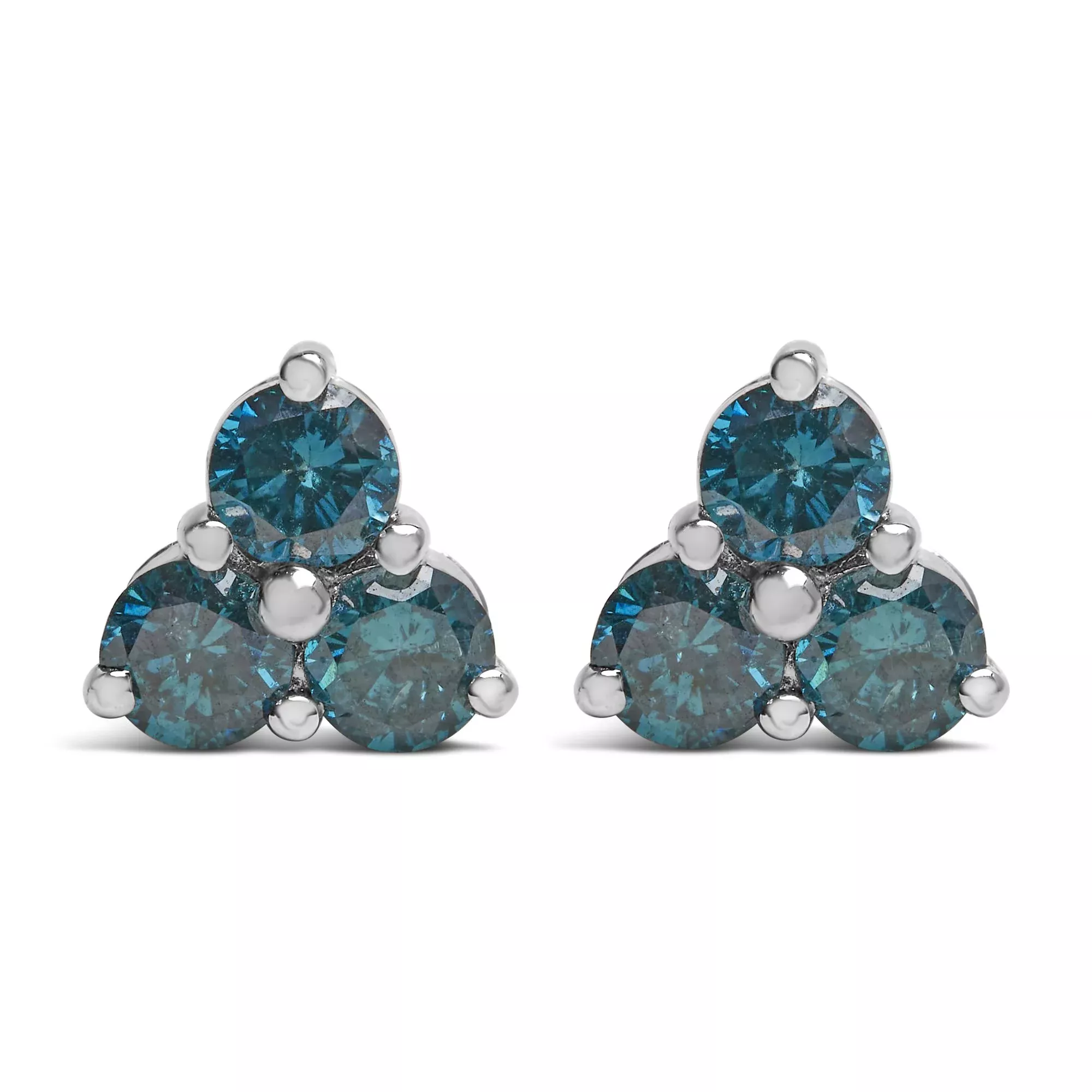 14KT White Gold Treated Blue Diamond Trio Stud Earrings (1 1/3 cttw, Blue)