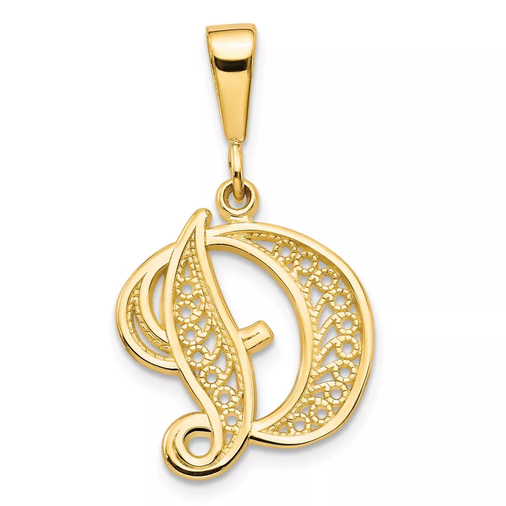 14KY Polished Script Filigree Letter D Initial Pendant