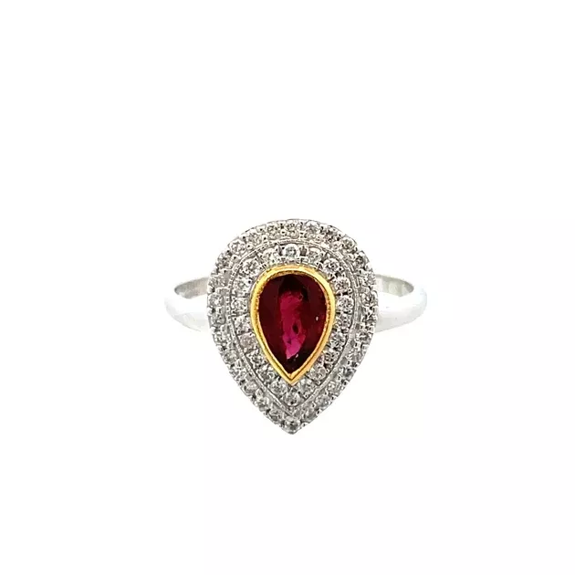 18K Gold Ring with 0.88ct Pear-Cut No Heat Certified Ruby & Diamonds Size 7.5