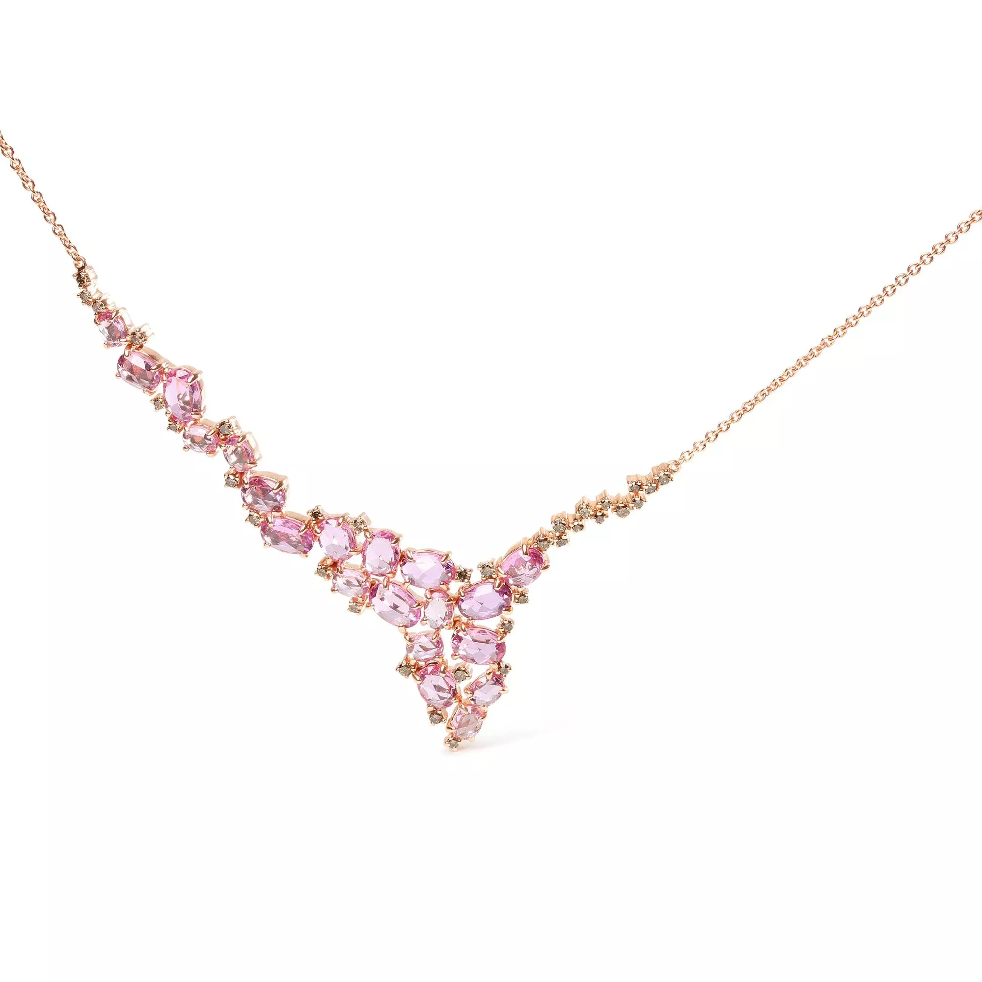 18K Rose Gold 1/2 Cttw Brown Diamond and Multi-Size Oval Pink Sapphire Cluster Cascade Statement Station Necklace (Brown Color, SI1-SI2 Clarity) - Adjustable up to 14" to 16"