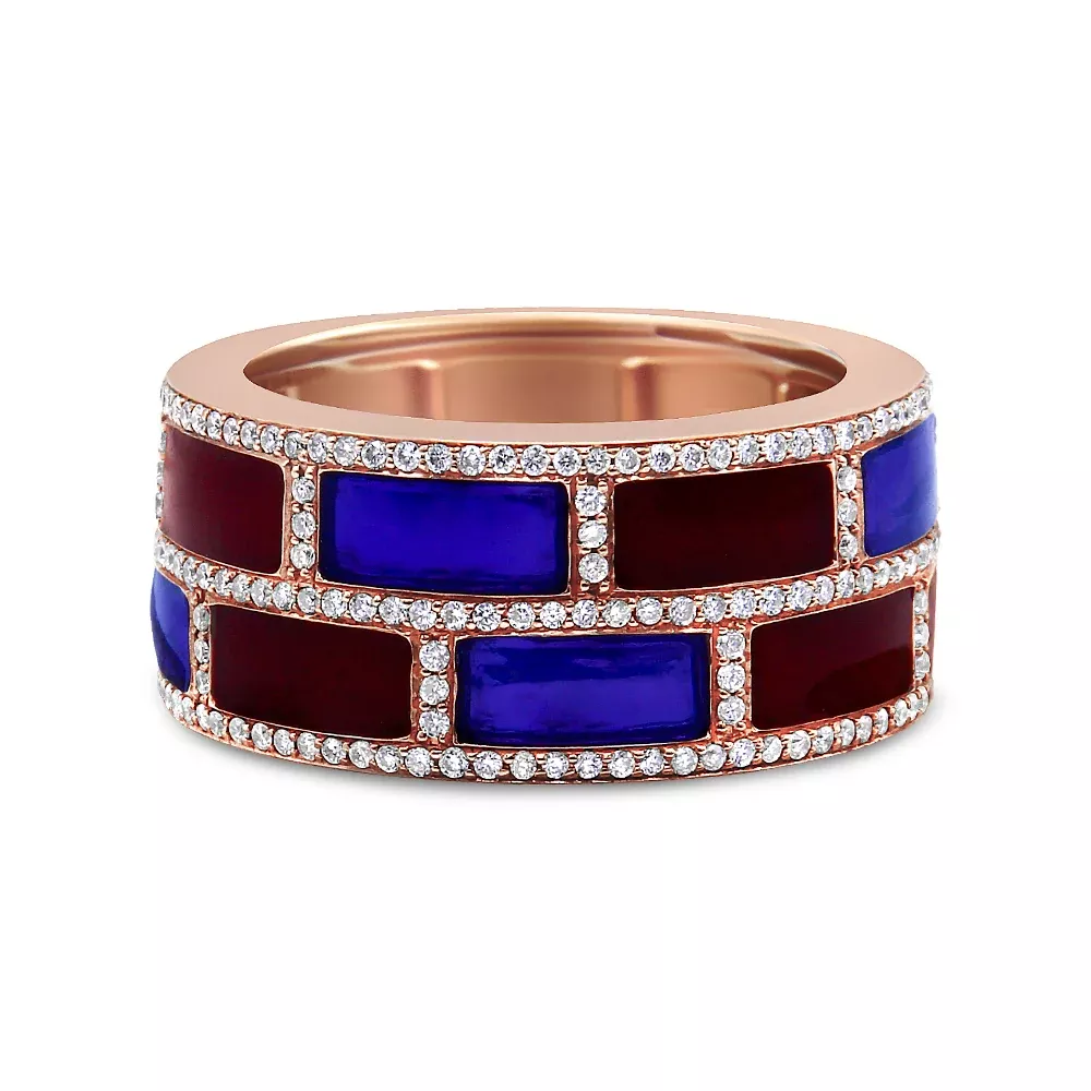 18K Rose Gold Alternating Red and Blue Enamel and 1/2 Cttw Diamond Studded Band Ring (F-G Color, VS1-VS2 Clarity)