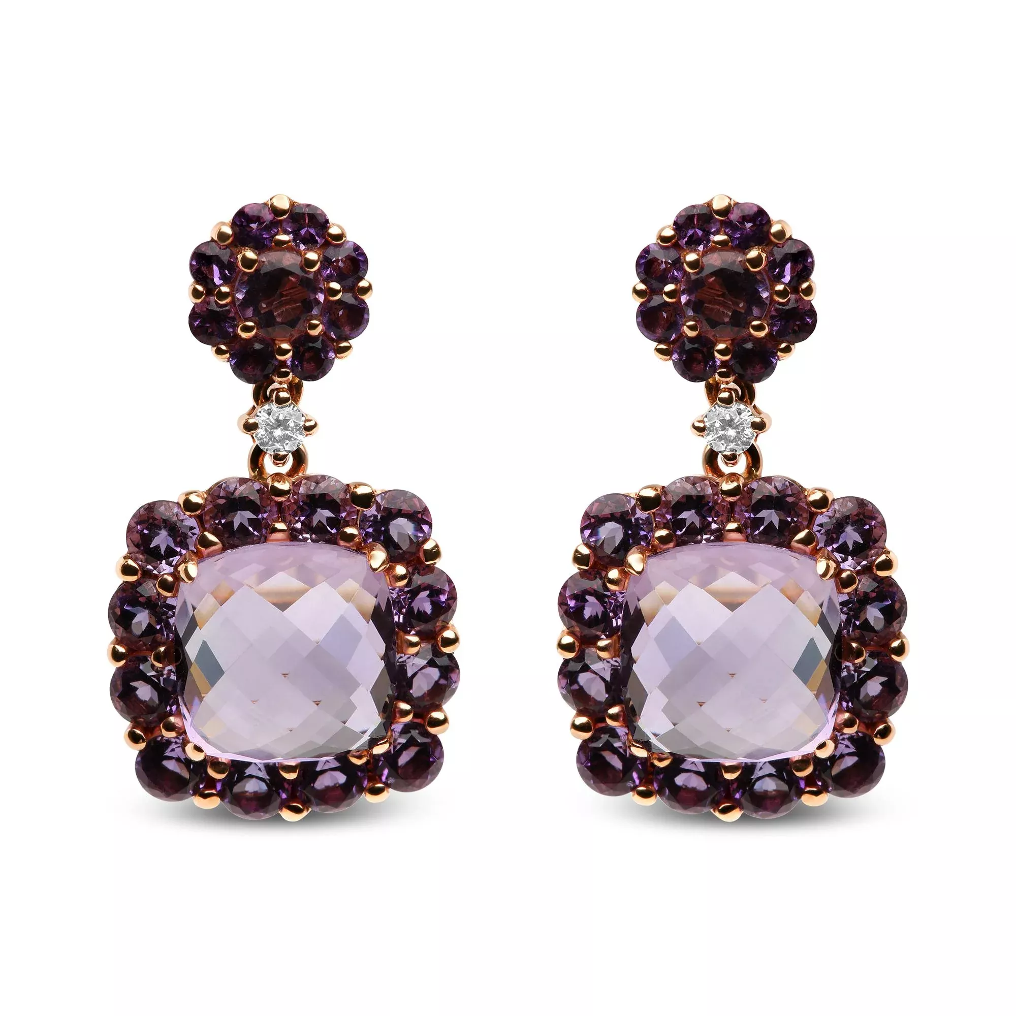 18K Rose Gold Diamond Accent and Pink and Purple Amethyst Gemstone Halo Dangle Drop Earrings (G-H Color, SI1-SI2 Clarity)