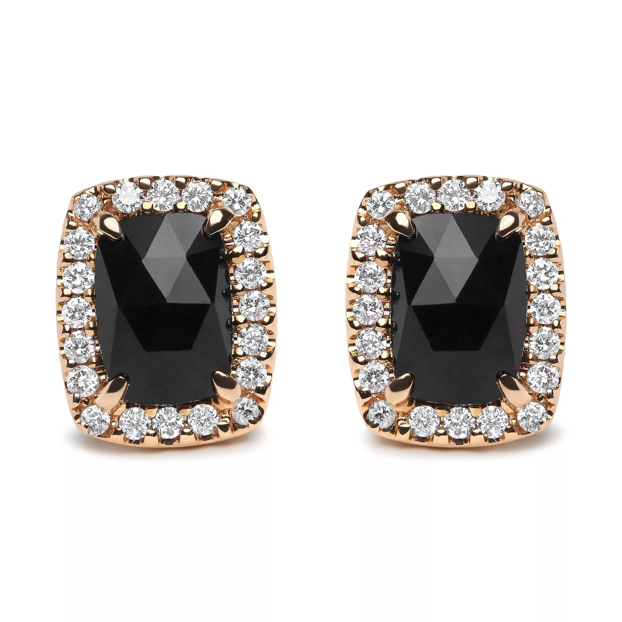 18K Rose and White Gold 1/4 Cttw Round Diamond and 8x6mm Cushion Cut Black Onyx Gemstone Halo Stud Earrings (G-H Color, SI1-SI2 Clarity)