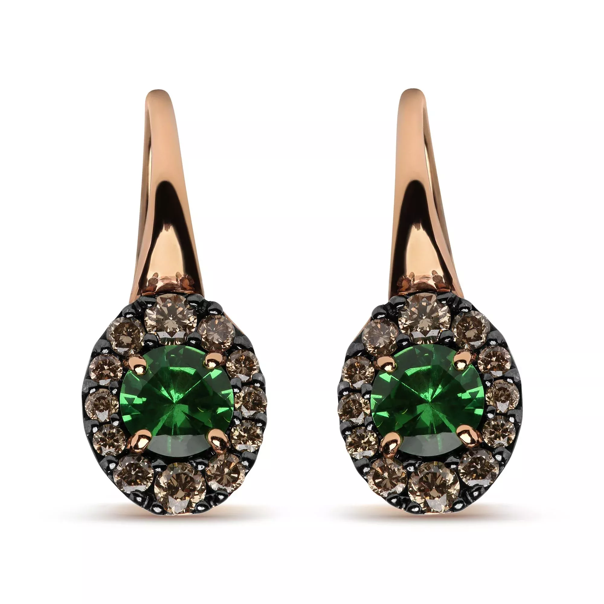 18K Rose and White Gold 3/8 Cttw Round Brown Diamonds and Round Green Tsavorite Gemstone Halo Drop Hoop Earrings (Brown Color, SI1-SI2 Clarity)