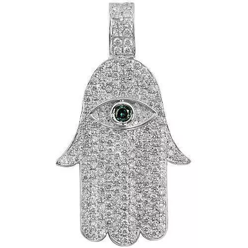 18K Solid White Gold Diamond Sapphire Hamsa Pendant 3.50 Ctw