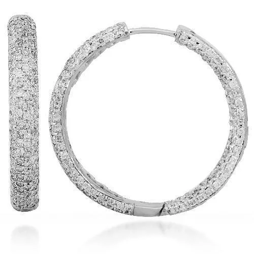 18K Solid White Gold Womens Diamond Hoop Earrings 7.00 Ctw