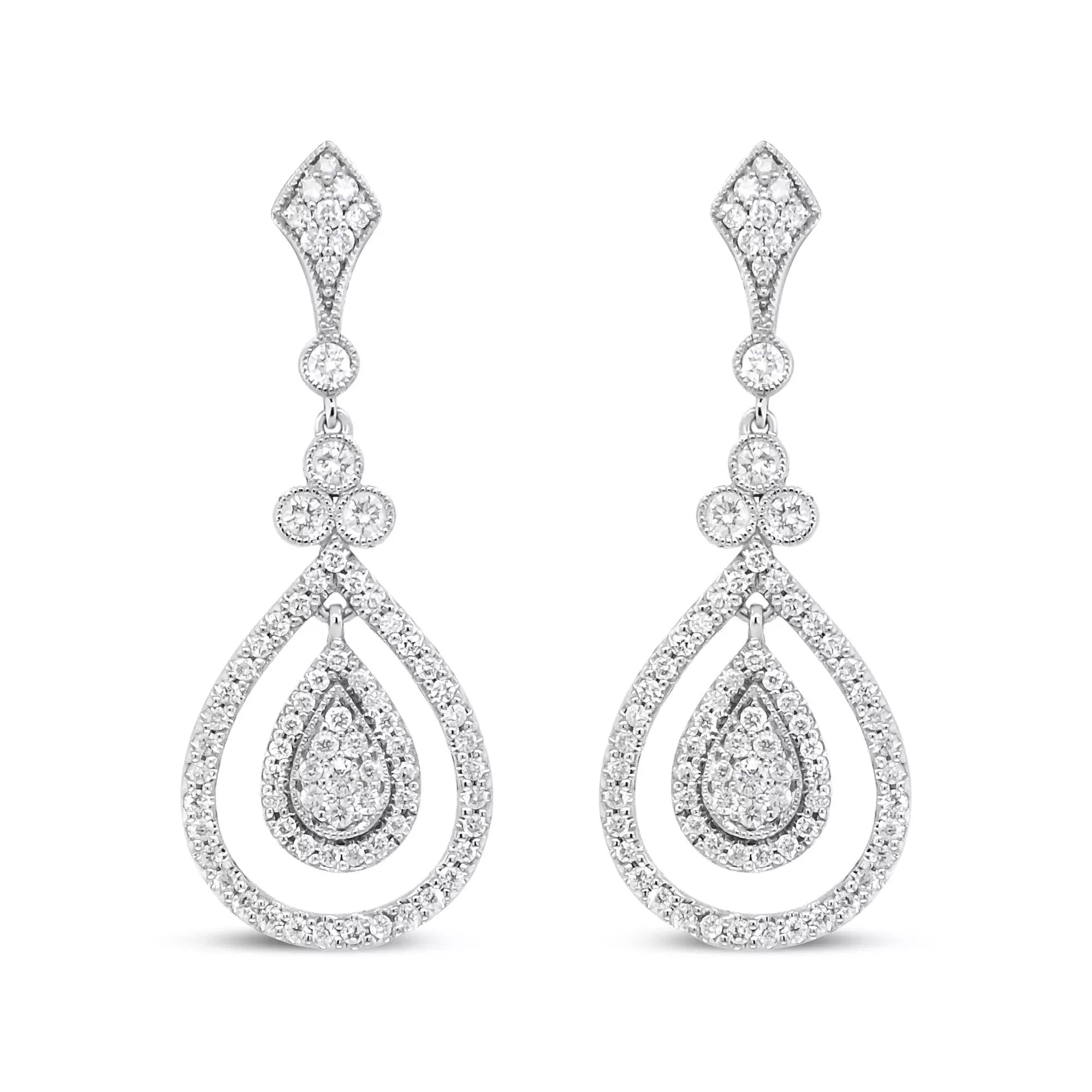 18K White Gold 1 1/4 Cttw Round Diamond Openwork Teardrop-Shaped Dangle Earrings (F-G Color, VS1-VS2 Clarity)