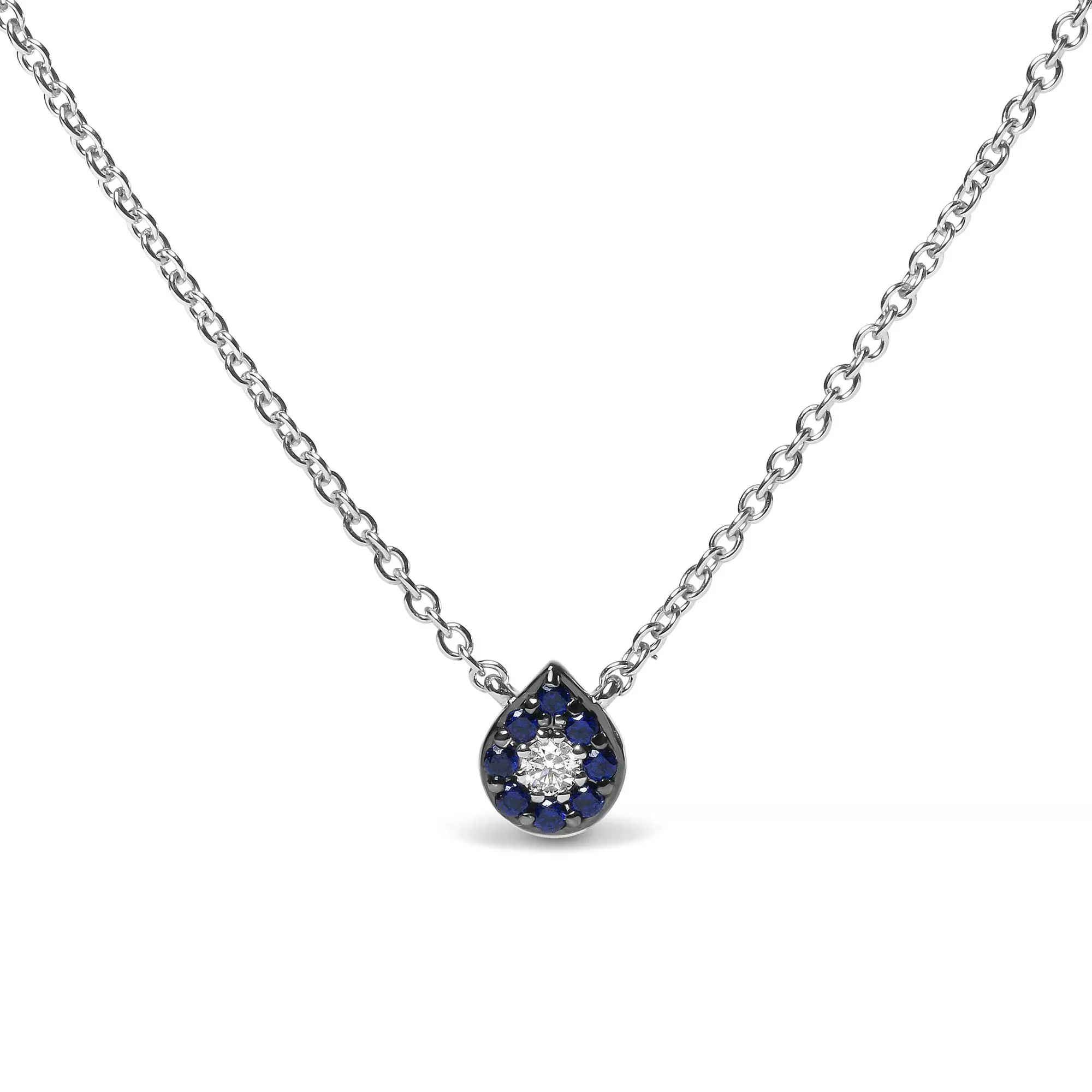 18K White Gold Diamond Accent and 1mm Round Blue Sapphire Gemstone Halo Teardrop Pendant Necklace (G-H Color, SI1-SI2 Clarity)- Adjustable up to 15.5" - 17"