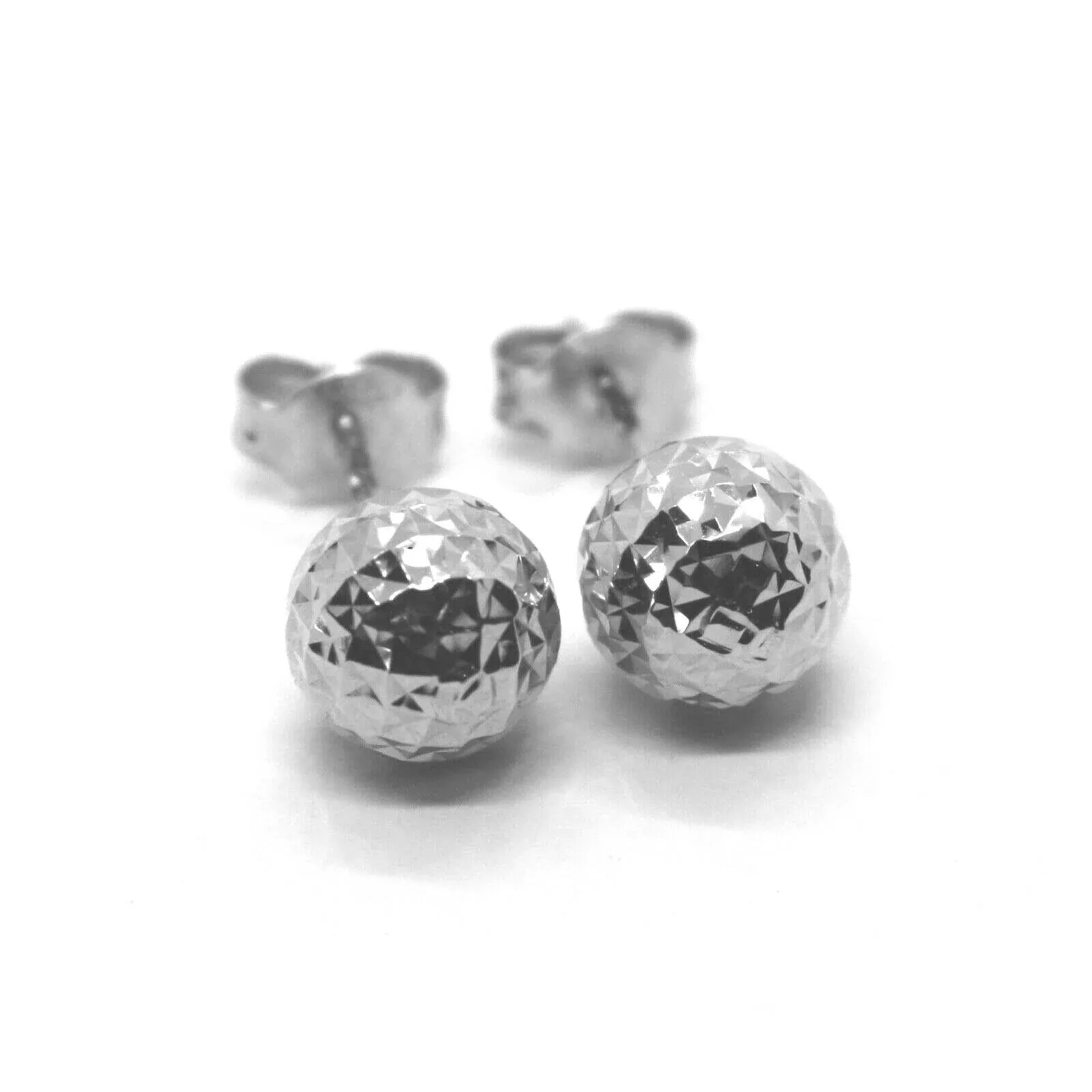 18k white gold earrings diamond cut worked faceted balls spheres 6mm