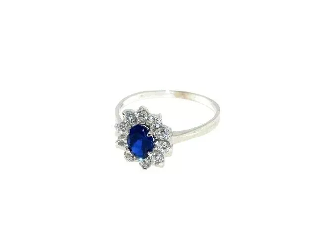 18k white gold flower ring oval blue crystal and cubic zirconia frame